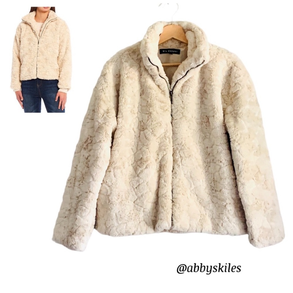 Blu Pepper Textured Sherpa Jacket Winter White Size Large Full Zip Mobwife